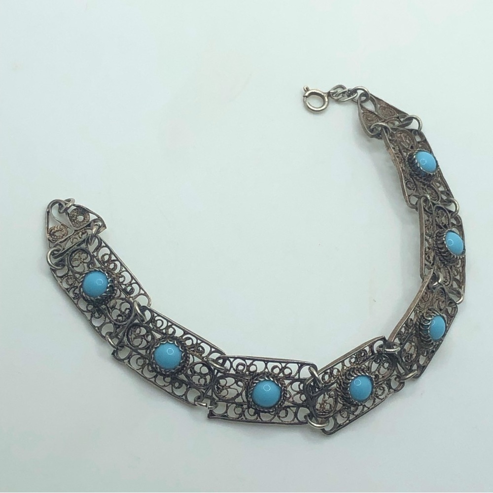 Vtg Sterling Turquoise Cabochon Filigree Panel Link Bracelet 8” - Picture 2 of 8